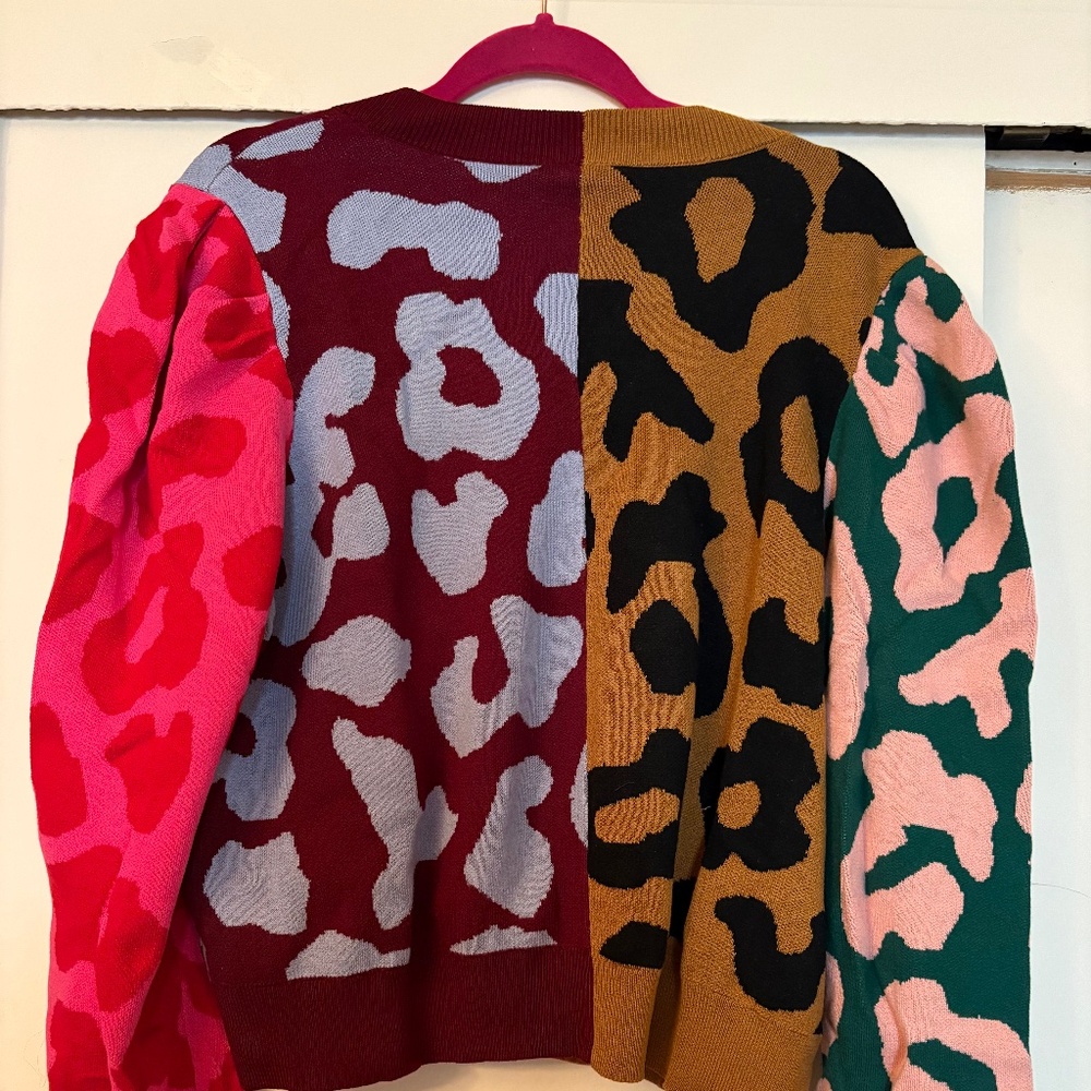 Jovie Cashmere Blend Intarsia Knit Color Block Leopard V-Neck Long Sleeve Button - Picture 5 of 6